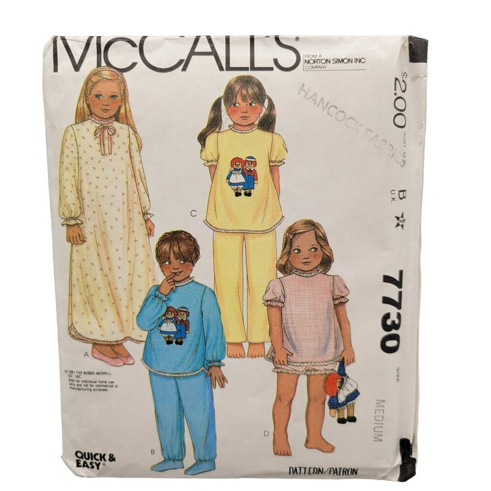 McCalls Pattern Childrens and Girls Nightgown Pajamas Size B Medium 7730 UNCUT